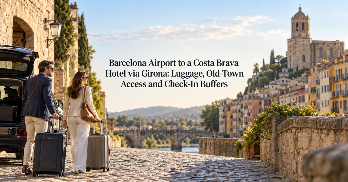 barcelona — Barcelona Airport to a Costa Brava Hotel via Girona: Luggage, Old-Town Access and Check-In Buffers