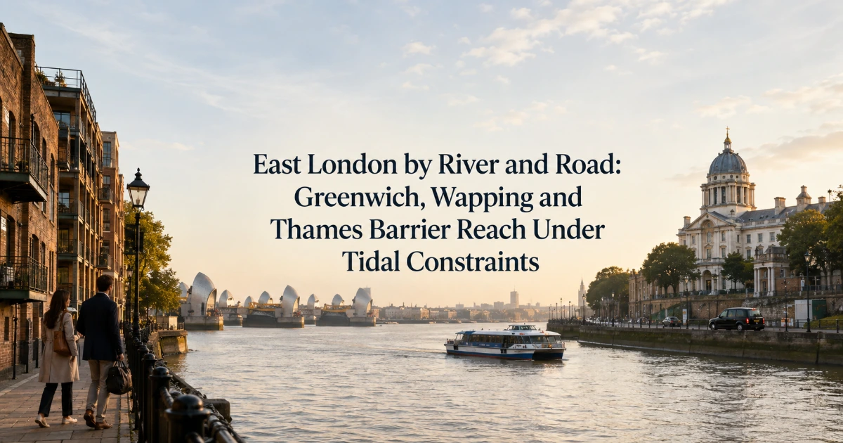 london — East London by River and Road: Greenwich, Wapping and Thames Barrier Reach Under Tidal Constraints
