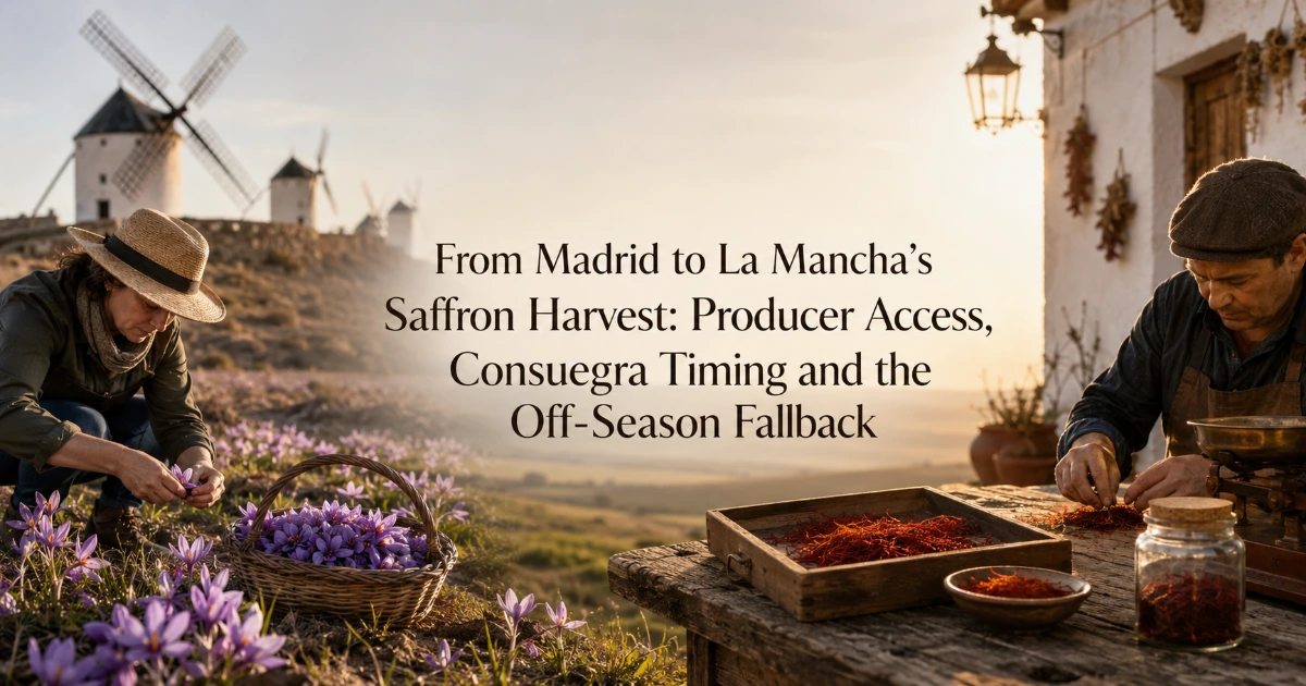 Madrid — From Madrid to La Mancha’s Saffron Harvest: Producer Access, Consuegra Timing and the Off-Season Fallback