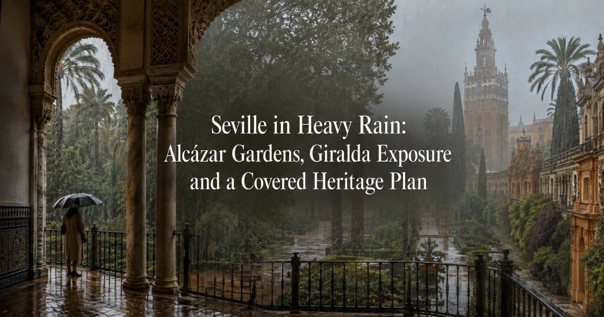 Seville — Seville in Heavy Rain: Alcázar Gardens, Giralda Exposure and a Covered Heritage Plan