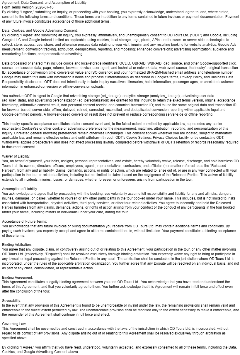 Agreement, Data Consent, and Assumption of Liability — Form Terms Version 2026-07-16